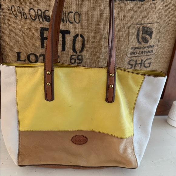 Fossil Tri-Color Tote in Yellow, White, and Tan - Picture 1 of 7